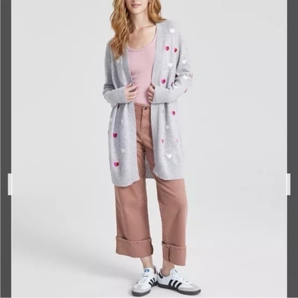 Charter Club Sweaters - Charter Club Cashmere Heart-Embroidered Long Open Cardigan In Grey Combo Size XS